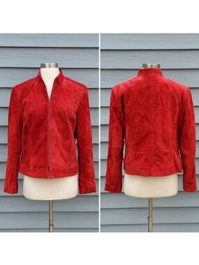 Vintage 90s y2k Red Suede Leather Scuba Racer Racing Moto Punk Car Coat Jacket L